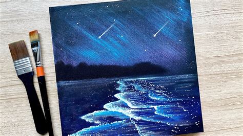 Glittering Night Beach Easy Acrylic Painting Step By Step Daily