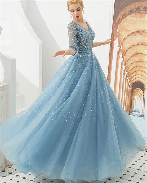 Dusty Blue V Neck Beading Tulle Evening Dress With Half Length Sleeves