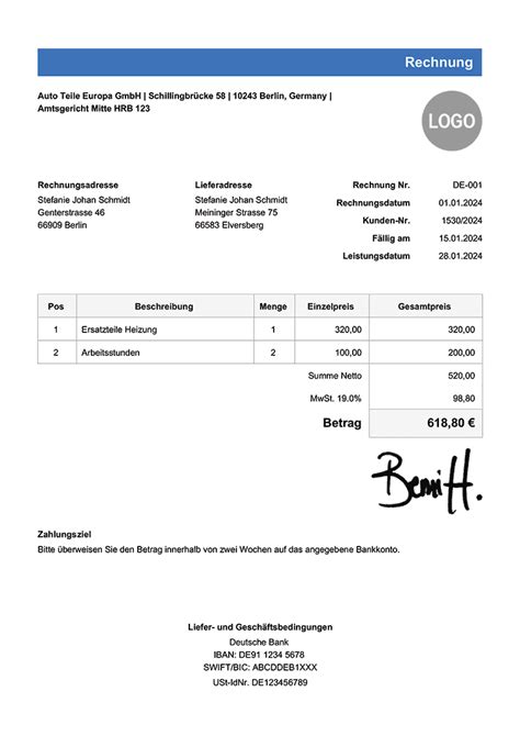 Kostenlose Rechnungsvorlagen Zum Kostenlosen Herunterladen