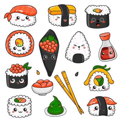 Premium Vector Collection Of Kawaii Sushi Set