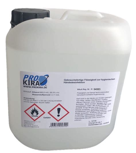 5 Liter PROKIRA 85 5 Ethanol WHO FIP EN1500 Hände Desinfektions