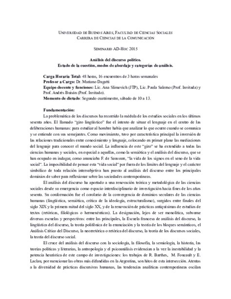 Doc Análisis Del Discurso Político Estado De La Cuestión Modos De