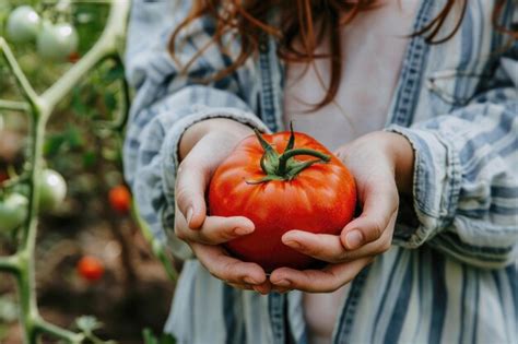 Girl Is Holding Ripe Fresh Tomato In Her Hands Organic Homegrown