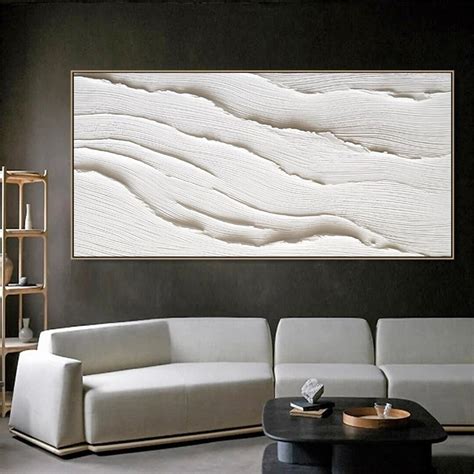 D White Minimalist Ocean Waves Art Painting On Canvas White D