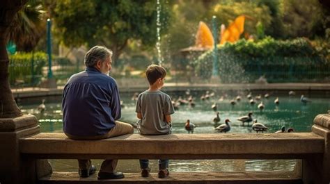 Un Hombre Y Un Ni O Se Sientan En Un Puente Mirando Patos En Un