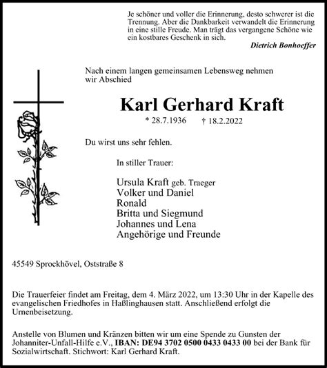 Traueranzeigen Von Karl Gerhard Kraft Trauer In Nrwde