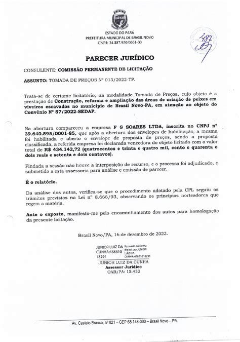 Parecer Jur Dico Tp Prefeitura Municipal De Brasil Novo