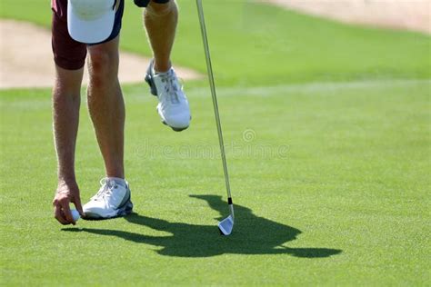 Male Golfer Placing The Golf Ball On The Grass Stock Image Image Of