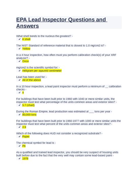 Epa Lead Inspector Questions And Answers Exams Environmental Science