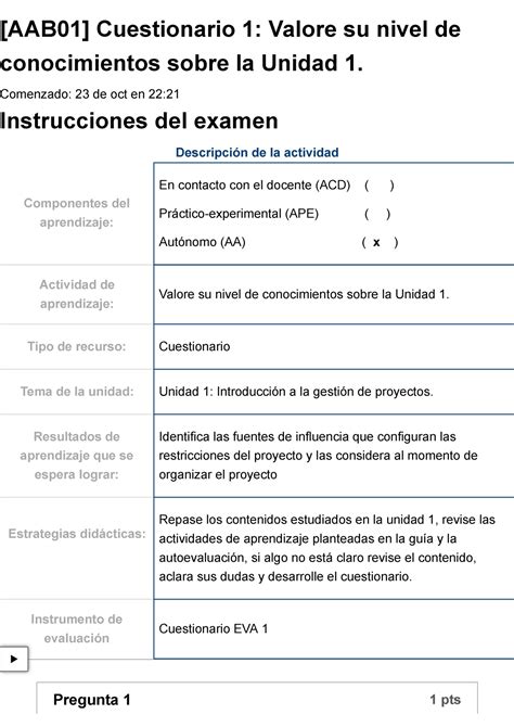 Examen [aab01] Cuestionario 1 Valore Su Nivel De Conocimientos Sobre La Unidad 1 Comenzado 23