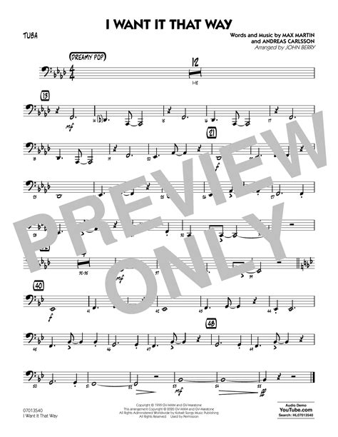 I Want It That Way Arr John Berry Tuba Sheet Music Backstreet Boys Jazz Ensemble