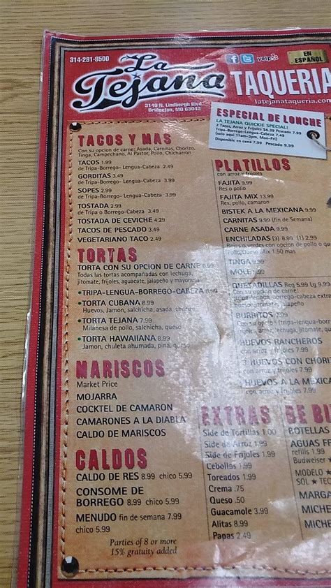 Menu At La Tejana Taqueria Restaurant Bridgeton