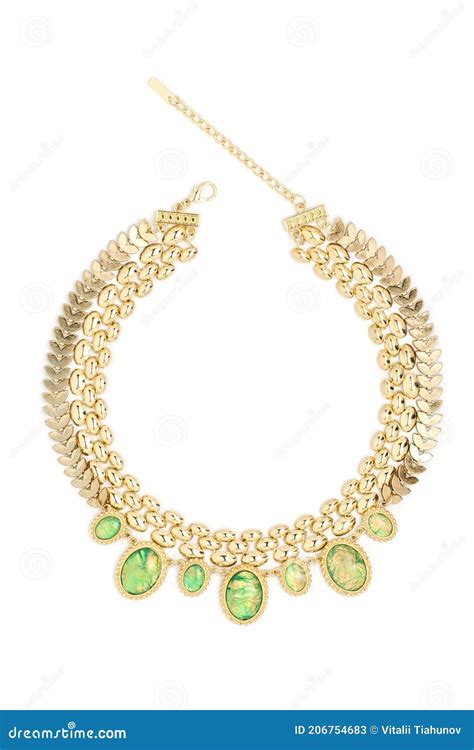 Gold Necklace With Green Stones Isolated On White Stock Image Image