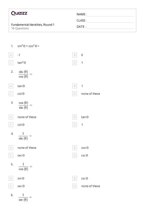 Trigonometric Ratios Sin Cos Tan Csc Sec And Cot Worksheets