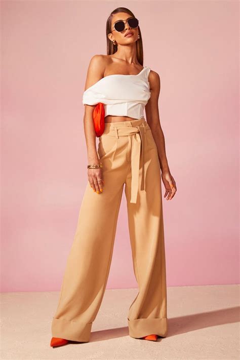 Belted High Waisted Wide Leg Pants Boohoo