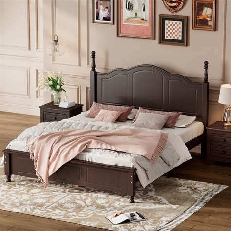 KTENME Wood Platform Bed Frame Queen Size Retro Style Platform Bed With