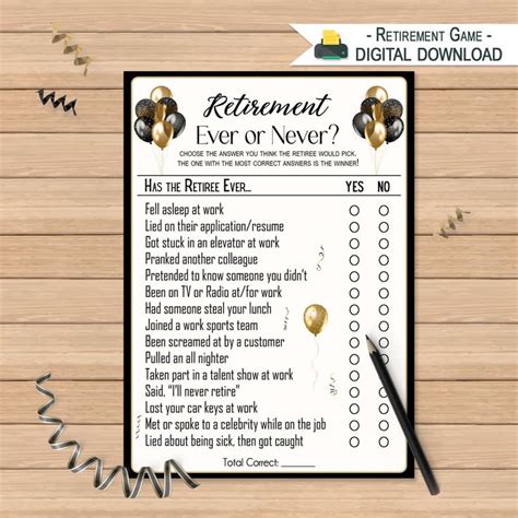 Retirement Game Retiree Ever Or Never Game Printable Retirement Game