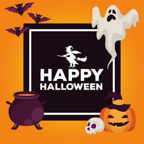 Premium Vector Happy Halloween Celebration Card With Cauldron And Set