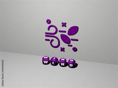 3D illustration of WIND graphics and text made by metallic dice letters ...