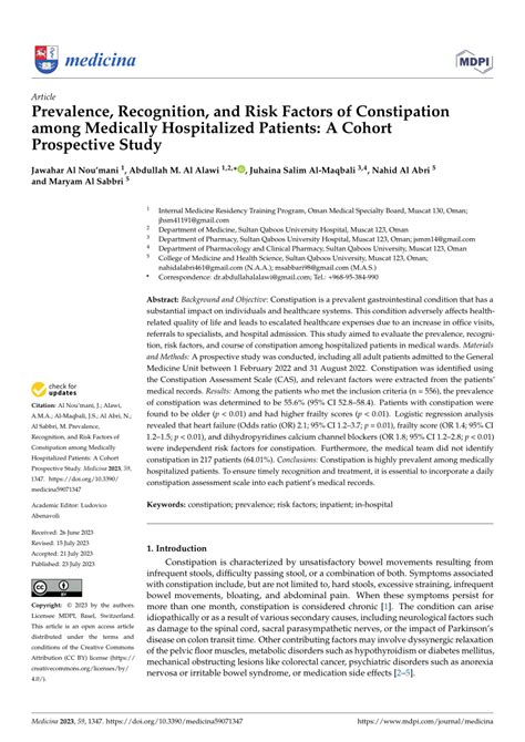 Pdf Prevalence Recognition And Risk Factors Of Constipation Among Medically Hospitalized