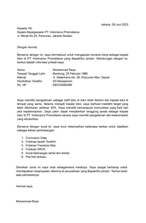 Contoh Surat Lamaran Kerja Yang Benar Gratis Template