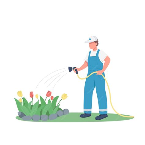 Premium Vector Gardener Watering Flowerbed Flat Color Faceless