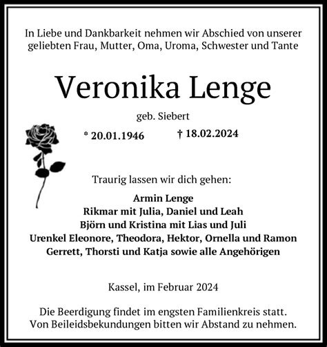 Traueranzeigen Von Veronika Lenge Trauer HNA De