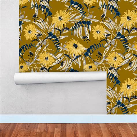 Yellow Flower Removable Wallpaper Floral Peel And Stick Wall Etsy