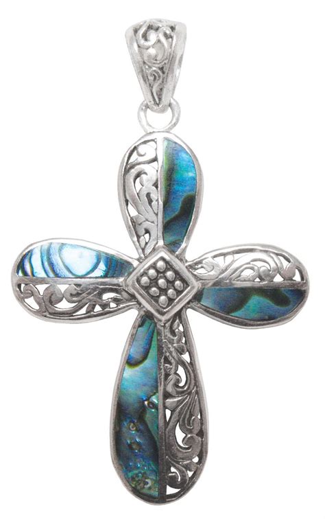 Abalone Shell Cross Pendant In Sterling Silver Ss