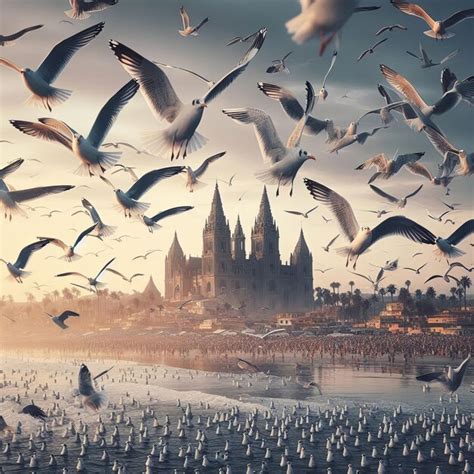 Seagulls Flocking Above The Ocean On Beach In Florida Premium Ai