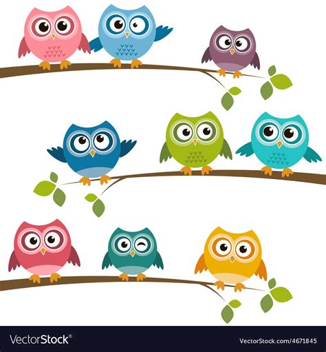 Set Colorful Cartoon Owls On Branches Royalty Free Vector