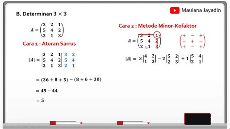 Determinan Matriks 2 X 2 Dan 3 X 3 Aturan Sarrus Dan Metode Minor Kofaktor Youtube