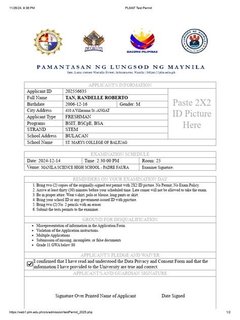 Plmat Test Permit Pdf