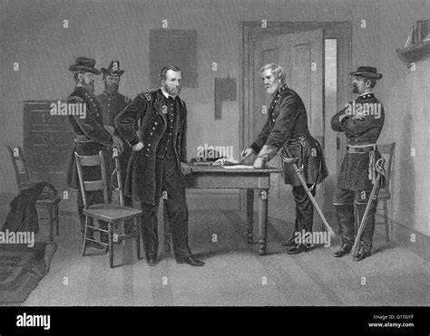 Lee Se Rinde A Conceder Rodeado Por Ayudantes En Appomattox Court House Virginia La Batalla De