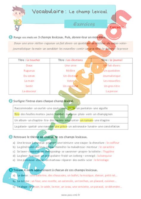 Le champ lexical Exercices de vocabulaire 5eme Primaire PDF à