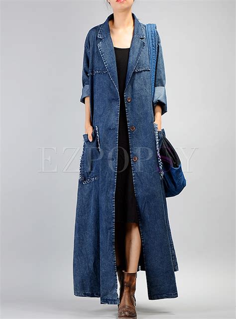 Womens Plus Size Asymmetric Long Denim Trench Coat Outfits Vintage