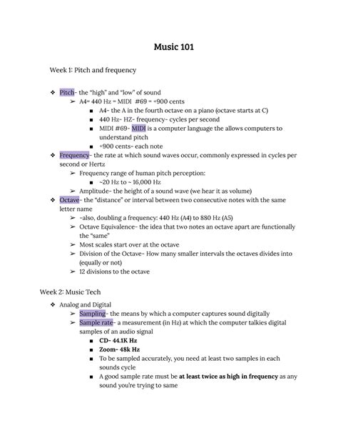 Music 101 Lecture Notes On Pitch And Frequency Music 101 Week 1