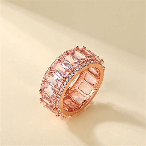 Jeulia Emerald Cut Synthetic Morganite Sterling Silver Women S Band