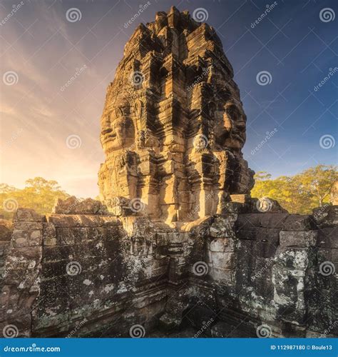 Sunrise View Of Ancient Temple Bayon Angkor With Stone Faces Siem Reap