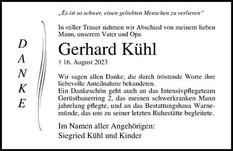 Traueranzeigen von Gerhard Kühl trauer anzeigen de