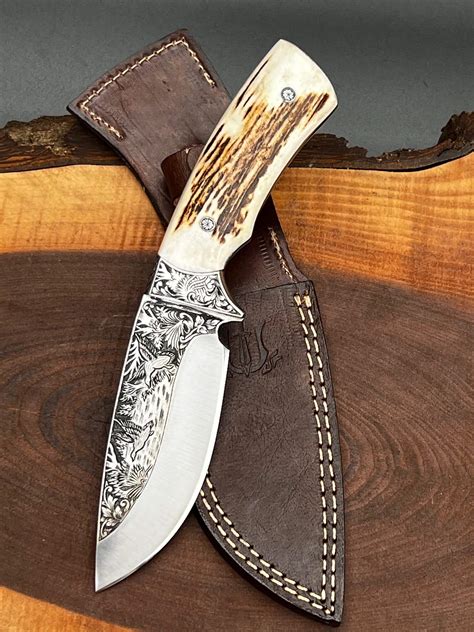 Handmade Hand Engraved Knife With Stag Handle