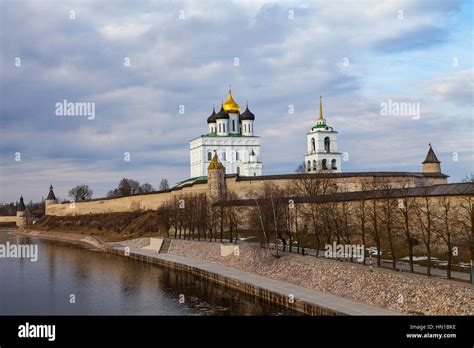 Pskov Kremlin Krom Fortress Wall With Beautiful Embankment Stock