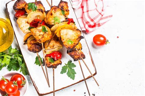 Chicken Kebab on Skewers on Wooden Cuting Board. Stock Photo - Image of ...