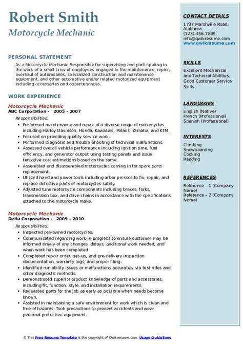 10+ Motorcycle Mechanic Resume Samples & Templates for 2025