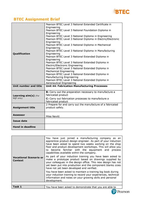 Unit 44 Authorised Assignment Brief For Learning Aims B And C