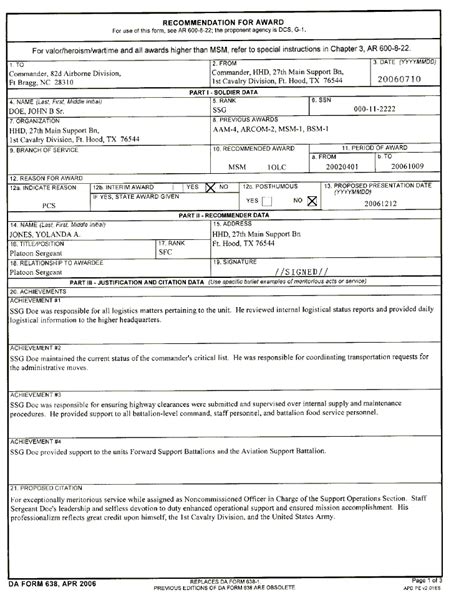 Da Form 638 Instructions For Commendation Medal