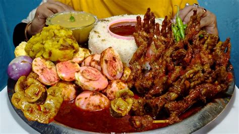 Huge Oily Chicken Feet Curry Rice Spicy Egg Curry Aloo Bharta Dal