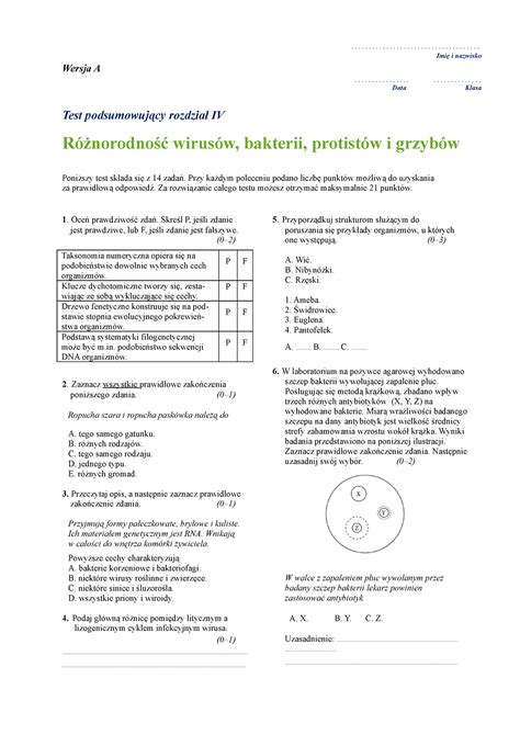 Roznorodnosc prokariontow Wersja A Test podsumowujący rozdział IV