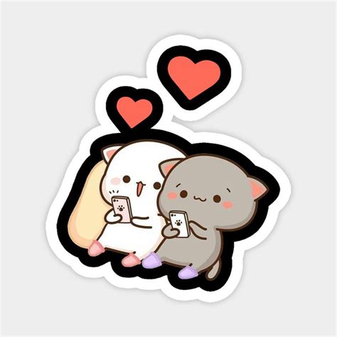 two cats are hugging each other with hearts in the background and one cat is holding a cell phone