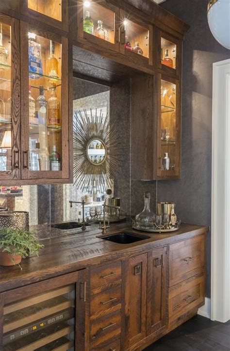 Rustic Wet Bar With Mirrored Backsplash Cottage Kitchen